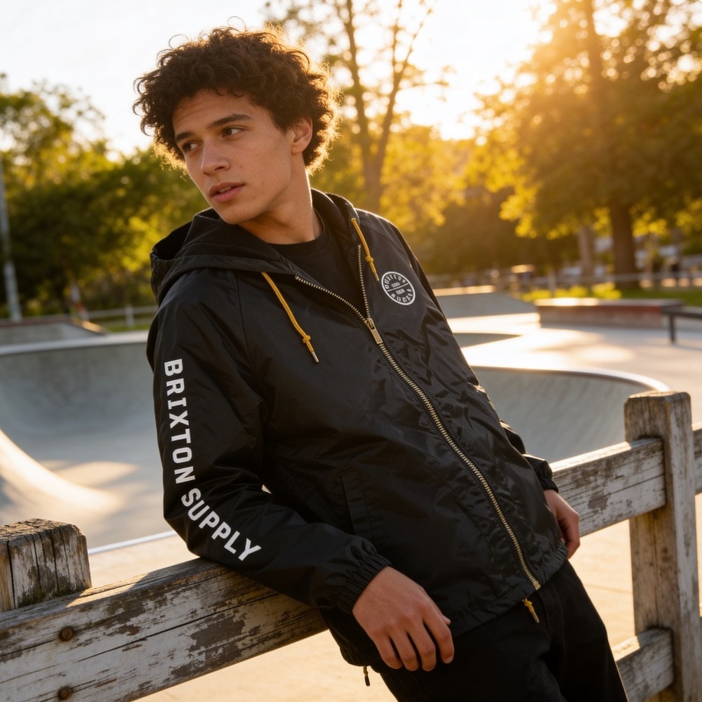 Brixton Supply Hooded Windbreaker Jacket Black Full Zip Lightweight Streetwear S